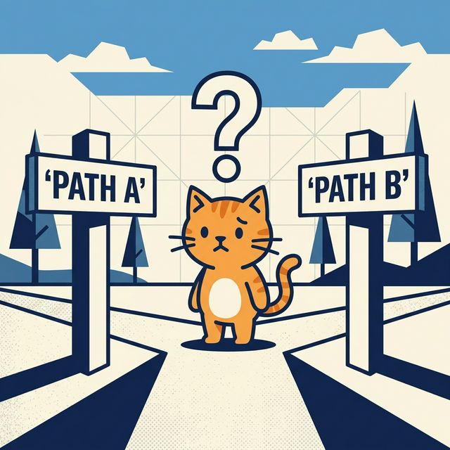 Illustration explaining 'either' showing a curious cat standing at a crossroad choosing between two potential paths.