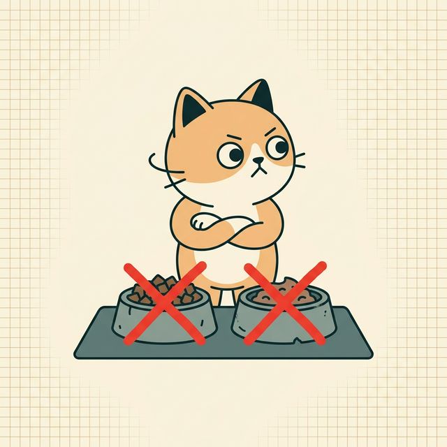 Illustration explaining 'neither' showing a stubborn cat shaking its head and turning away from two different options.