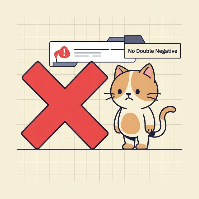 Illustration explaining common pitfalls with either and neither showing a confused cat scratching its head next to a big red error sign.