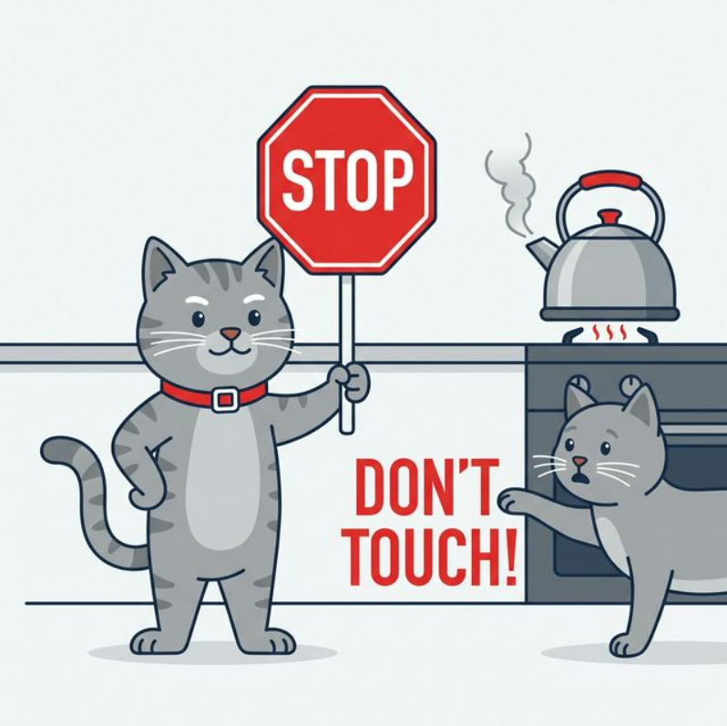 Illustration of a cat using a stop sign for a 'Don't' warning