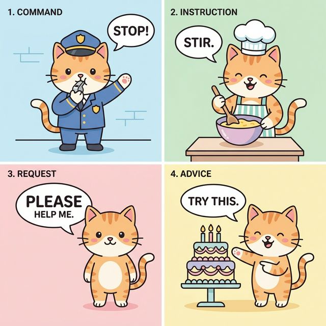 4-panel cat illustration showing Command, Instruction, Request, and Advice
