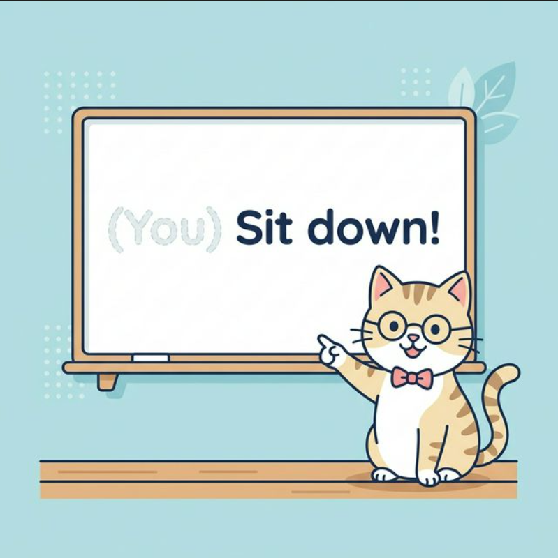 Cat teacher illustrating the 'invisible you' concept in grammar