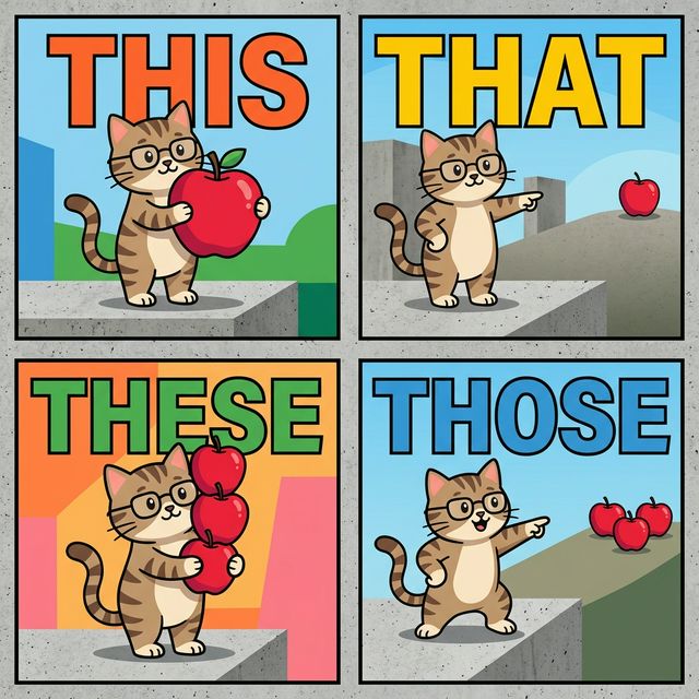 Illustration explaining the difference between 'this' and 'those' showing a cat interacting with objects at different distances and quantities.