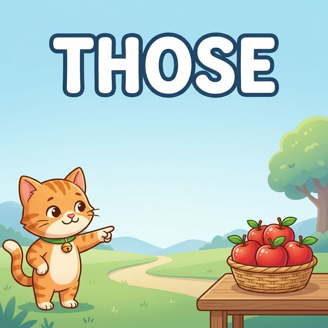 Illustration explaining 'those' showing a cat character pointing excitedly at a group of delicious apples far away.