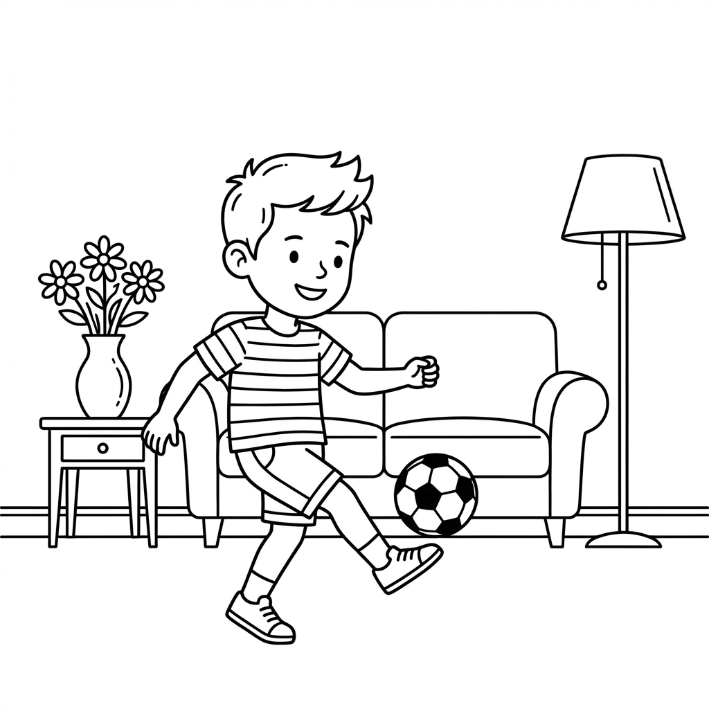 Young boy playing with a soccer ball in the living room