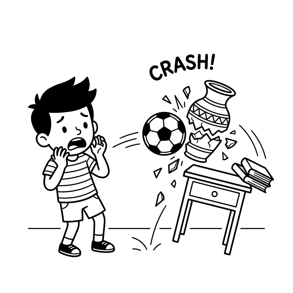 Soccer ball hitting a ceramic vase and breaking it on the floor