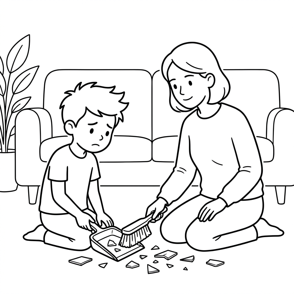 Boy and his mother cleaning up the broken glass together