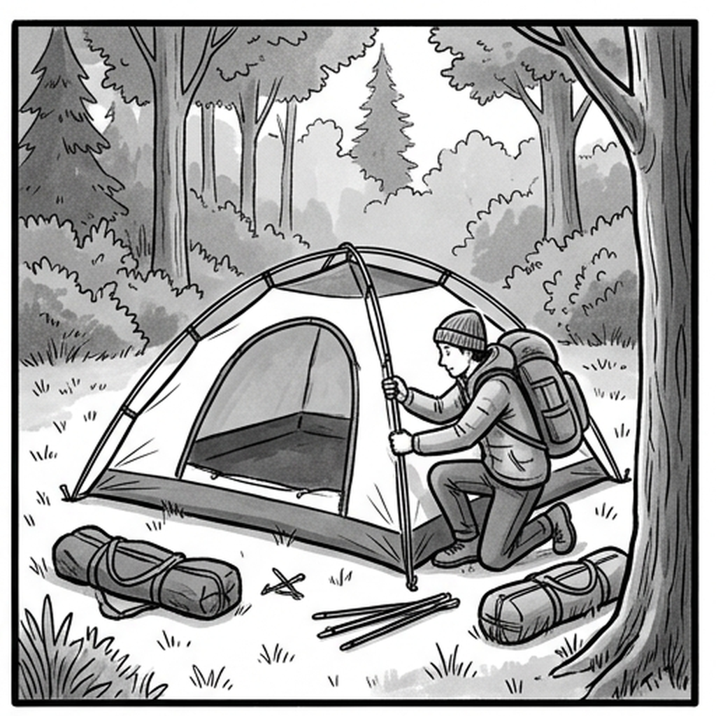 Setting up a tent in a clearing