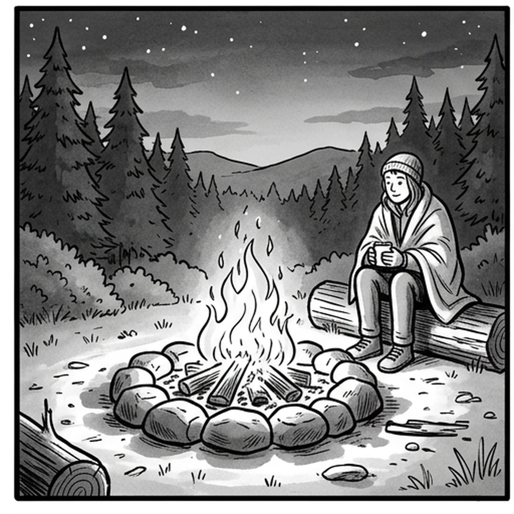 A cozy campfire at sunset