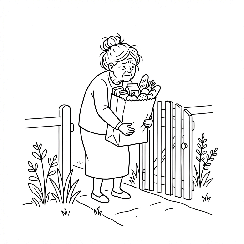 An elderly woman struggling to carry a heavy grocery bag at her gate