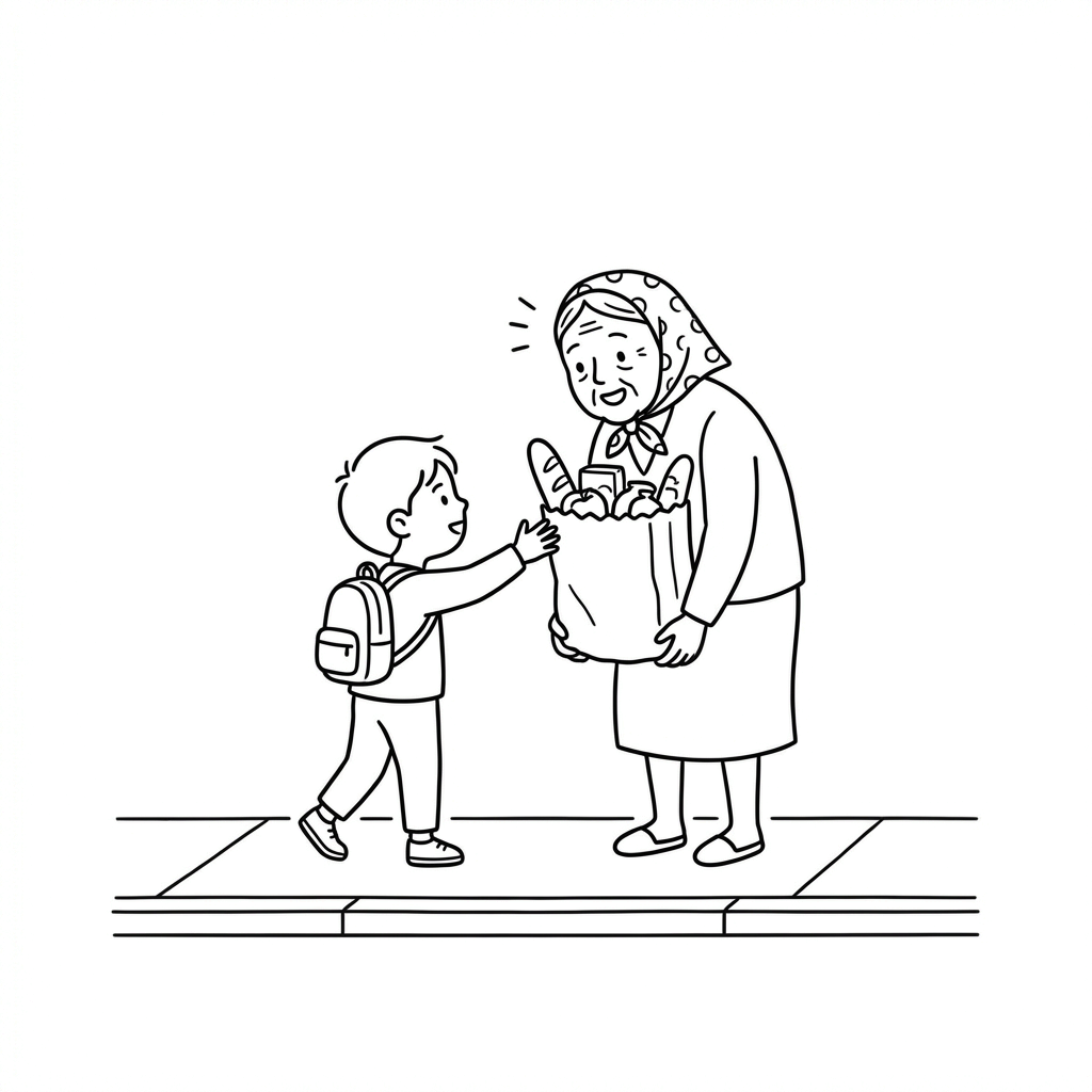 A young boy stopping to help the elderly woman with her heavy bag