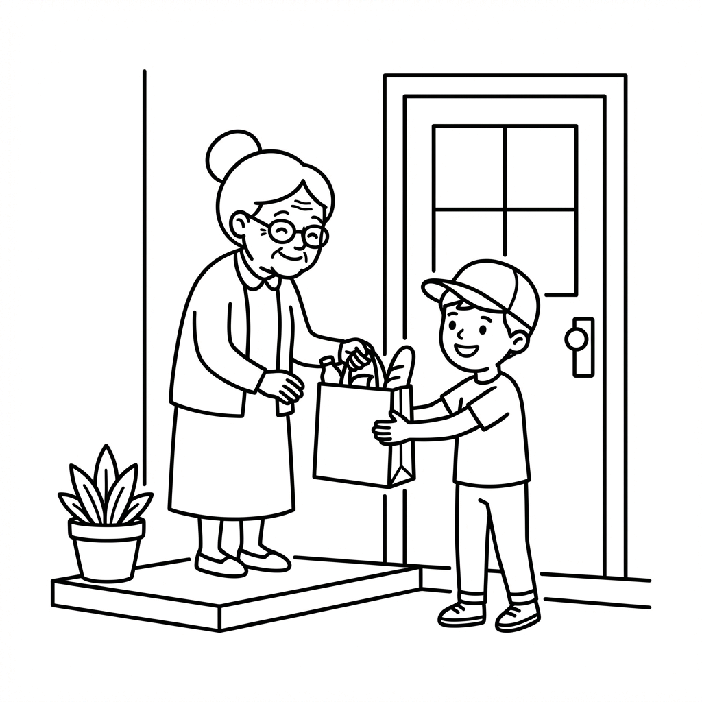 The boy handing the bag to the woman at her door, both are smiling