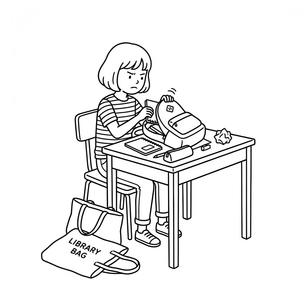 Young girl looking worried while searching for a lost book