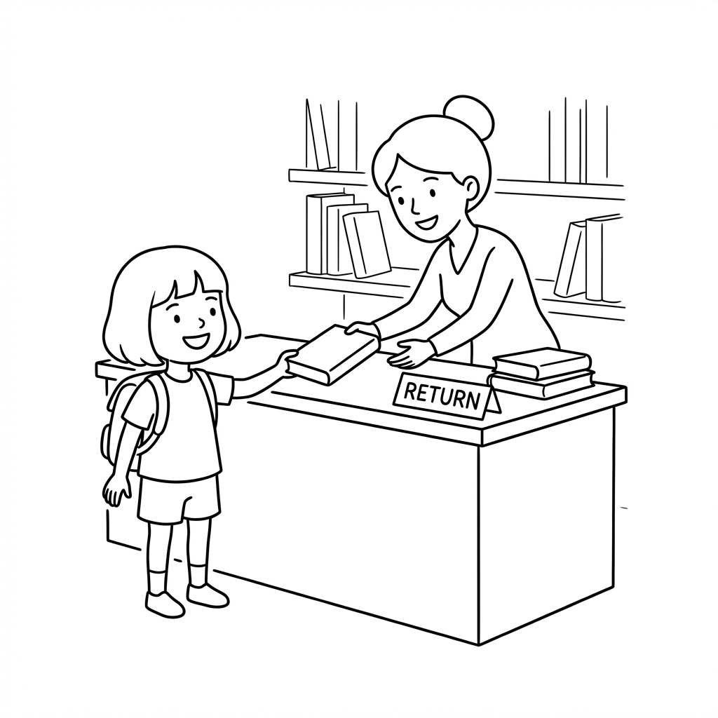 Girl smiling while returning the book to the librarian
