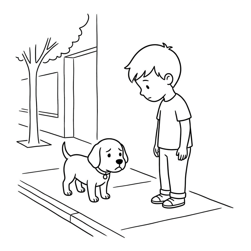 A young boy looking at a sad dog on the sidewalk
