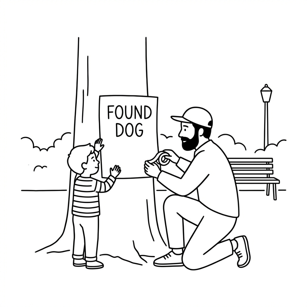 A boy and his father putting a FOUND DOG poster on a tree