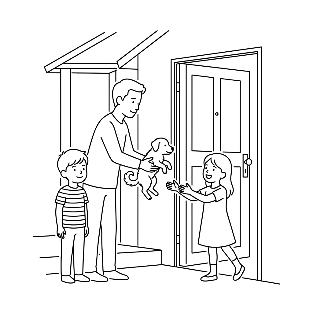 A boy handing the dog back to a happy young girl at her door