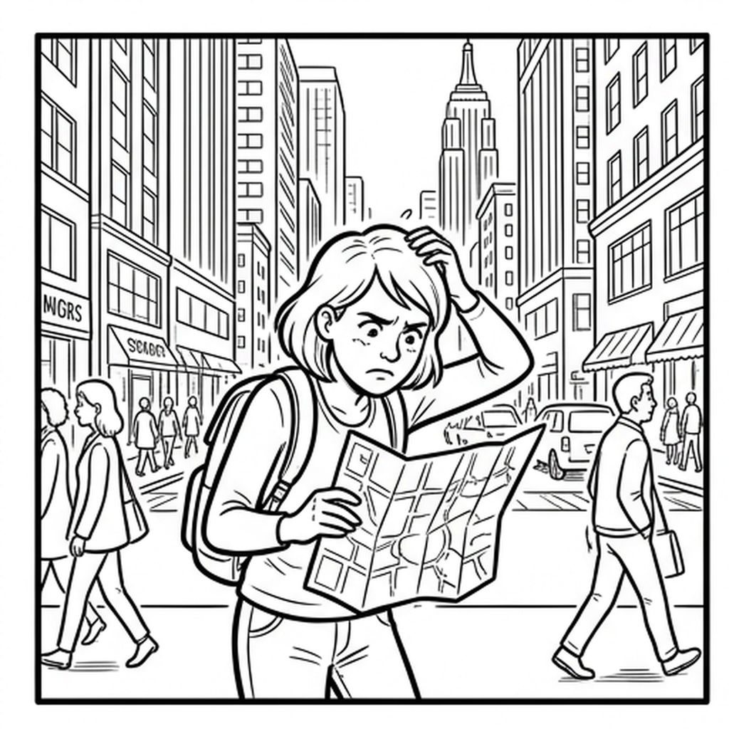 Looking at a map at a busy street corner