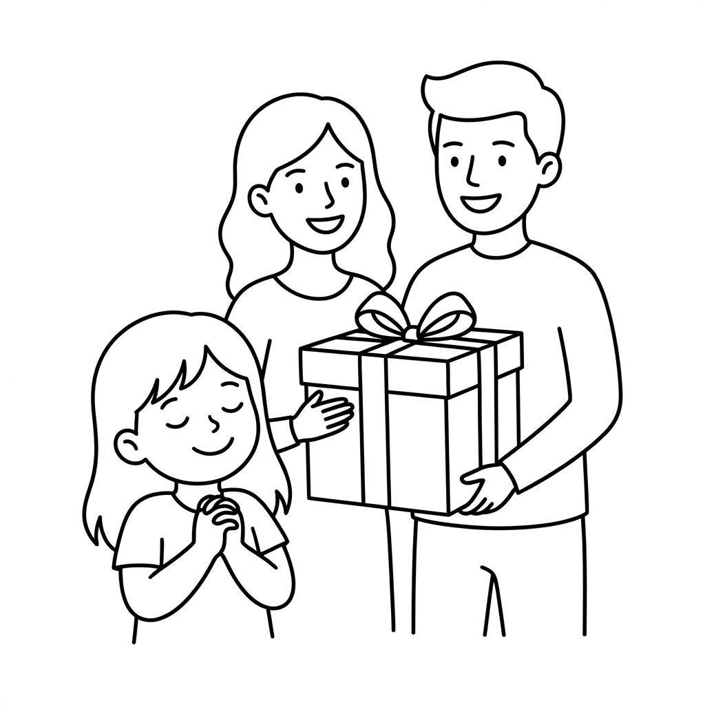 A young girl with eyes closed as her parents hold a big gift box