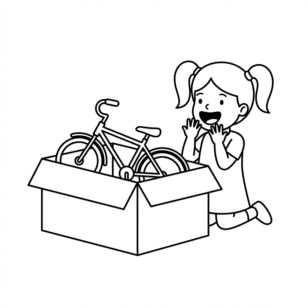 Excited girl looking at a new bicycle inside an opened gift box