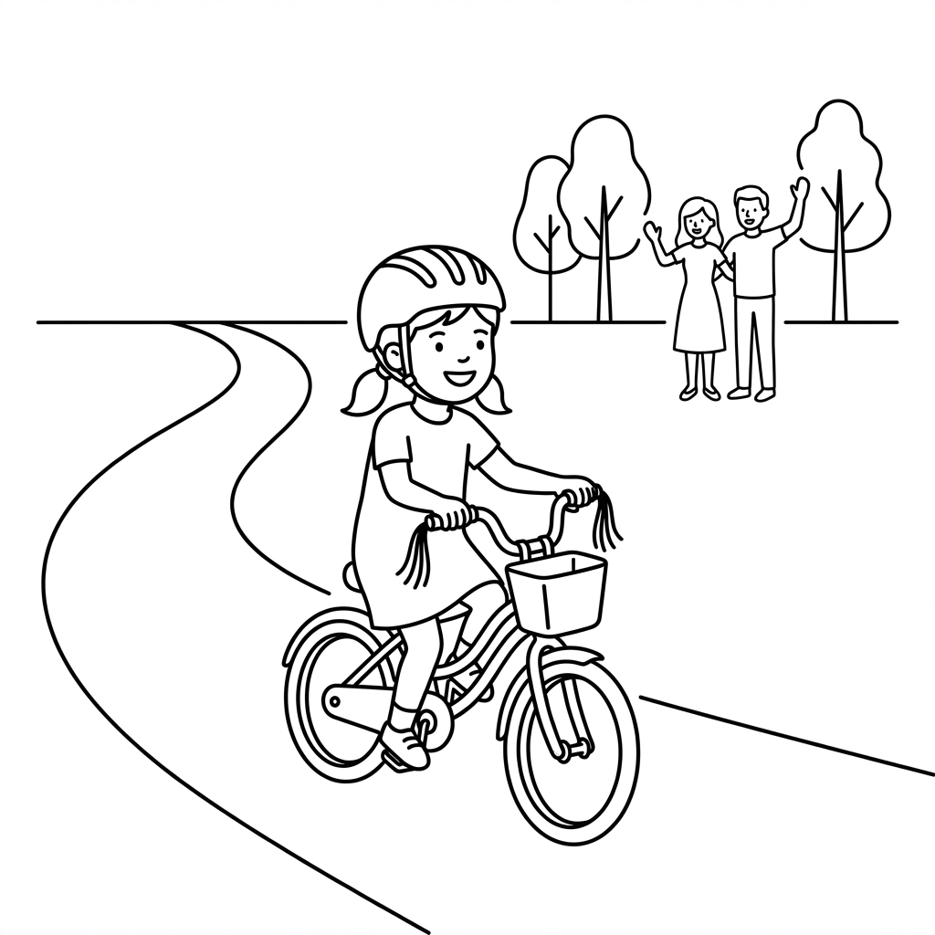 The girl riding her new bicycle in the park while her parents wave