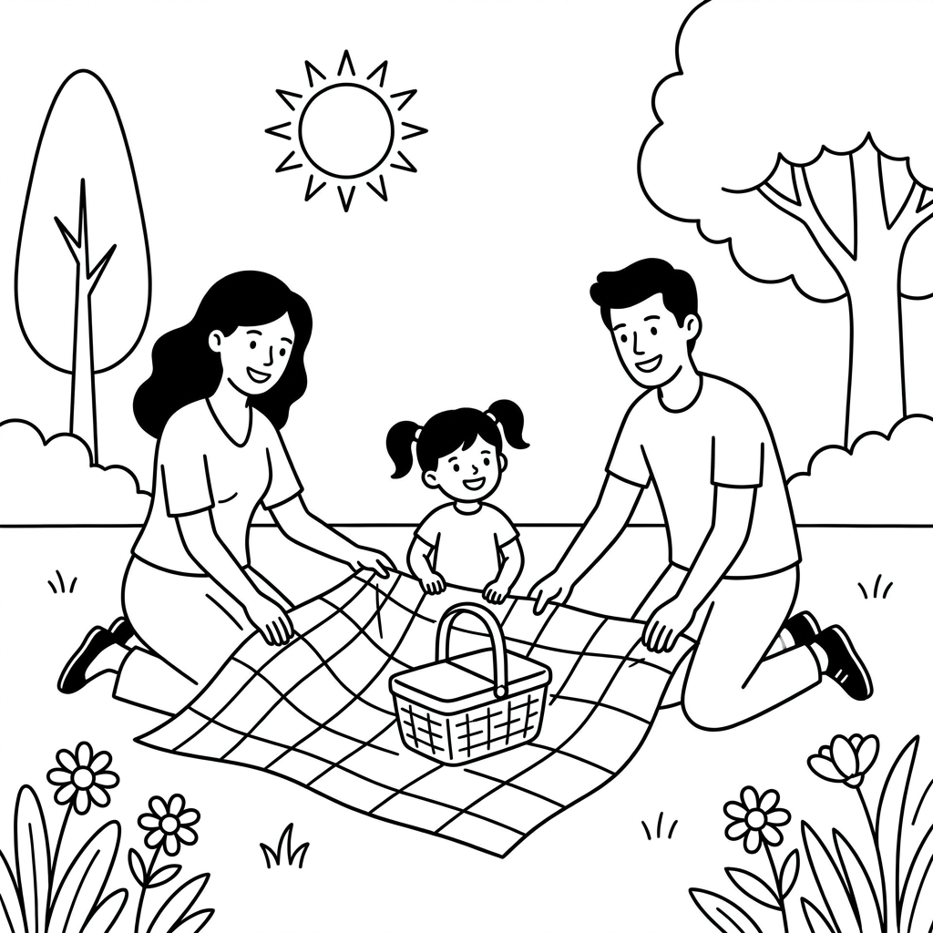 A happy family setting up a picnic blanket in a sunny park