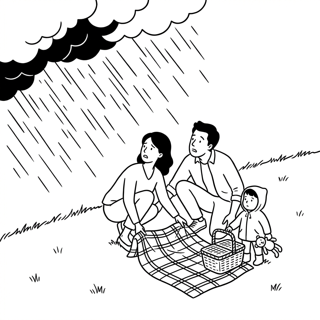 Family rushing to gather their picnic items as heavy rain falls from dark clouds