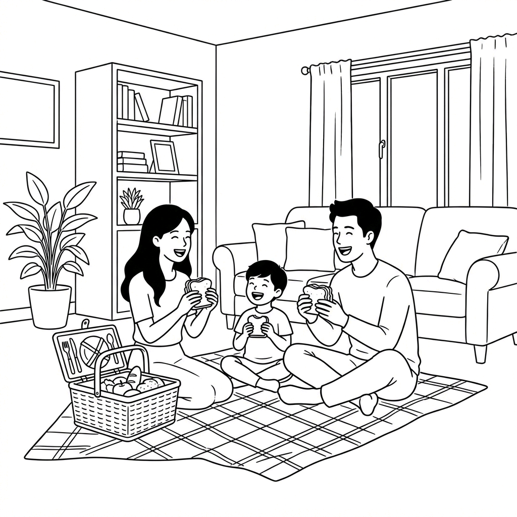 Family enjoying their picnic food on the living room floor at home, laughing together