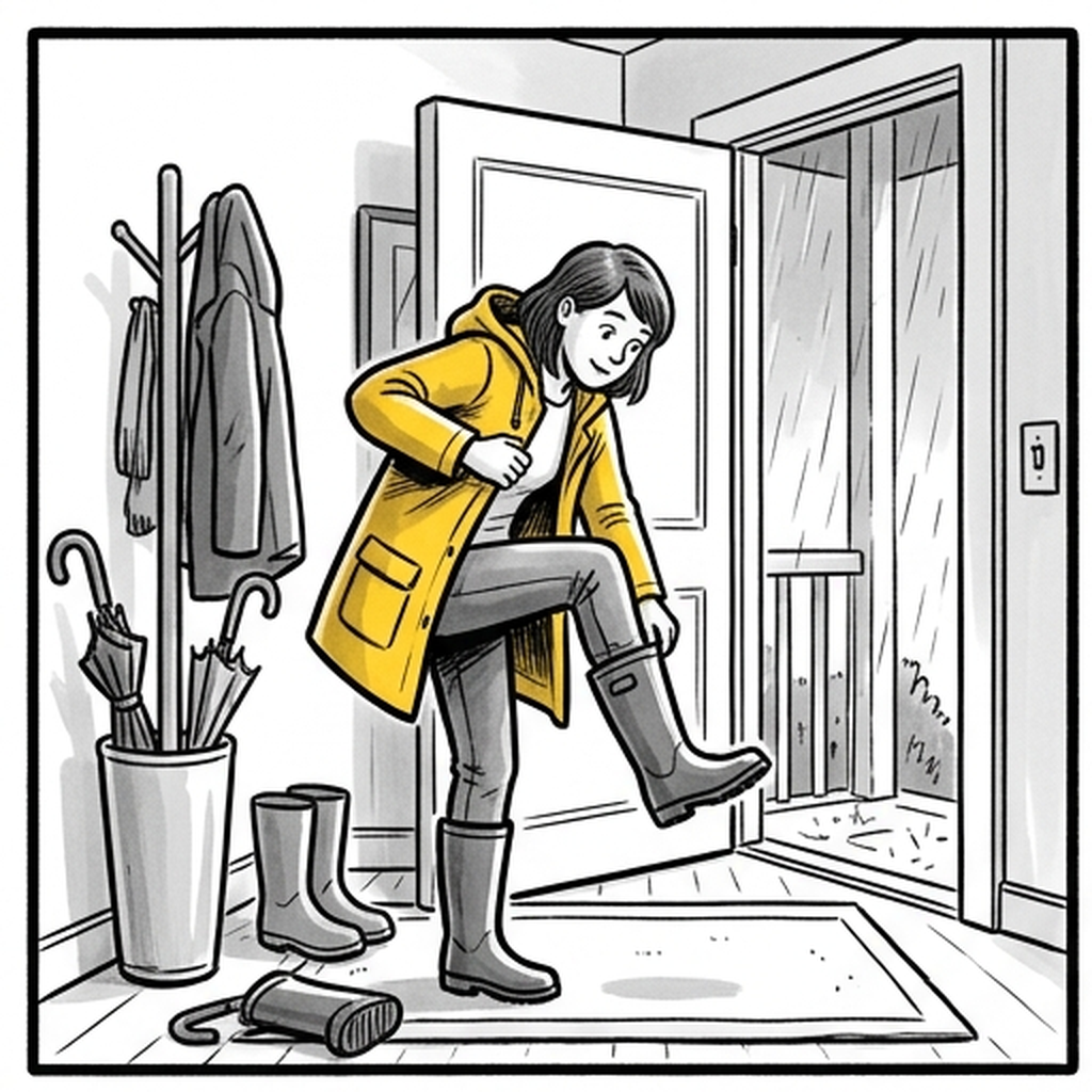 Putting on a raincoat and boots