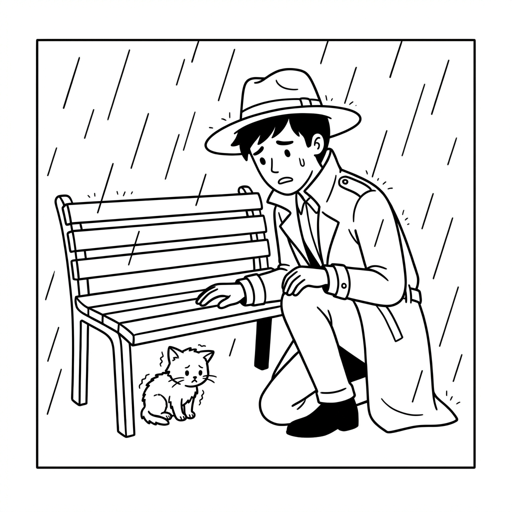 Man discovering a small cat shivering under a bench