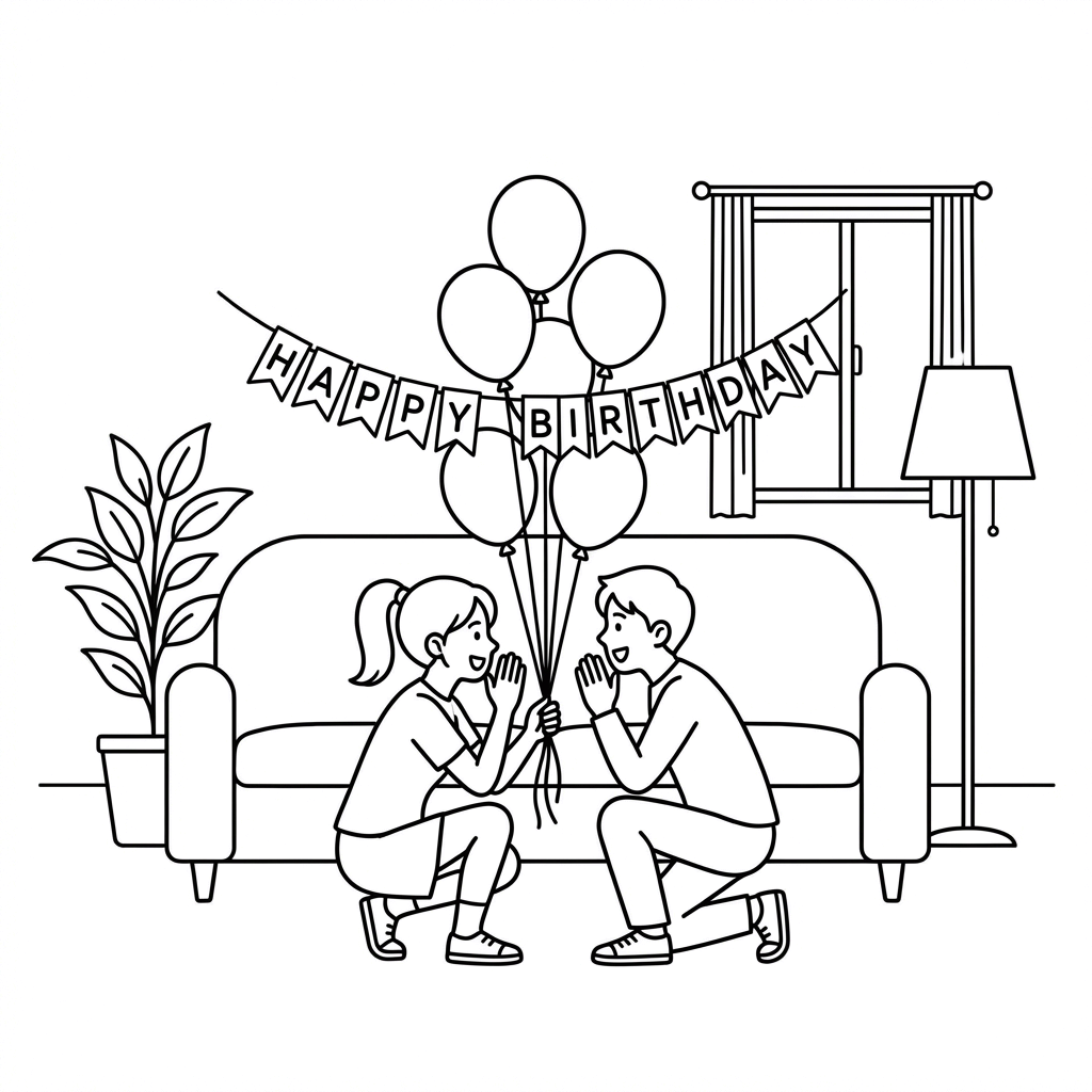 Friends hiding behind furniture with balloons and a banner