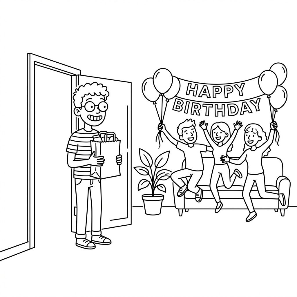 Birthday boy entering the room and looking shocked with joy