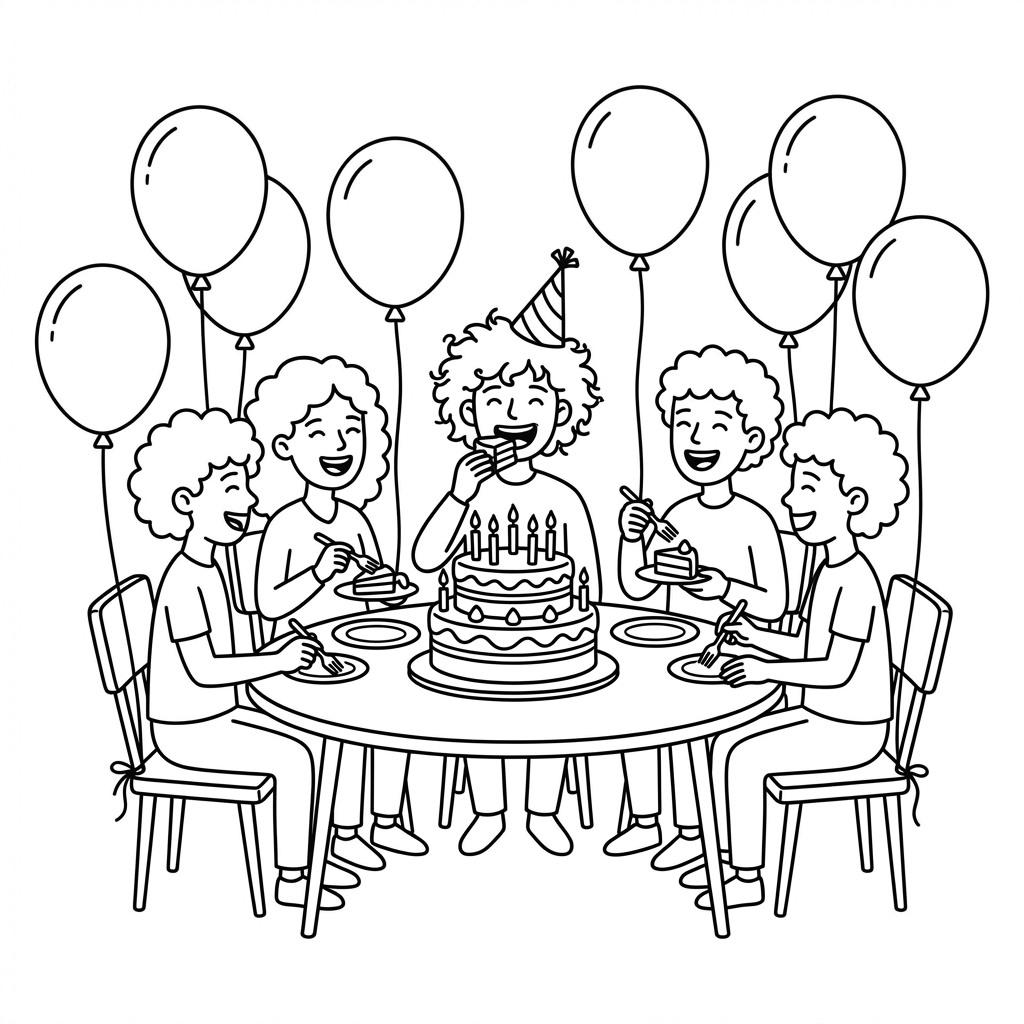 Friends and the birthday boy enjoying cake at a decorated table