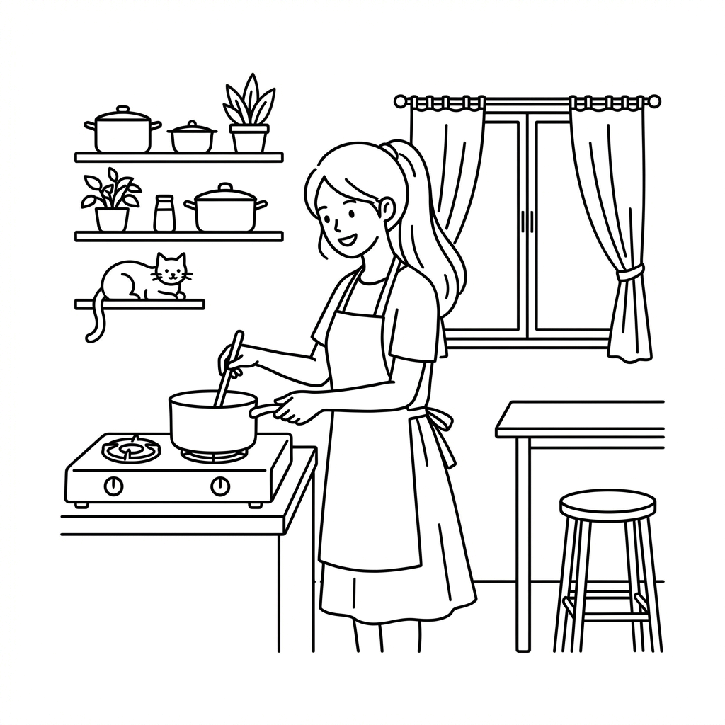 A young woman in a cozy kitchen stirring a pot on a stove