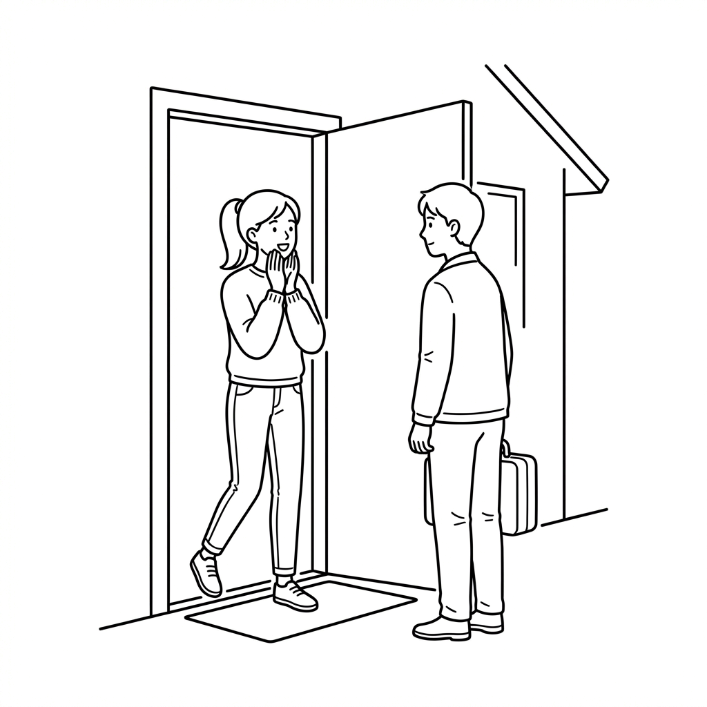 The woman opening her front door and looking surprised to see an old friend with a suitcase