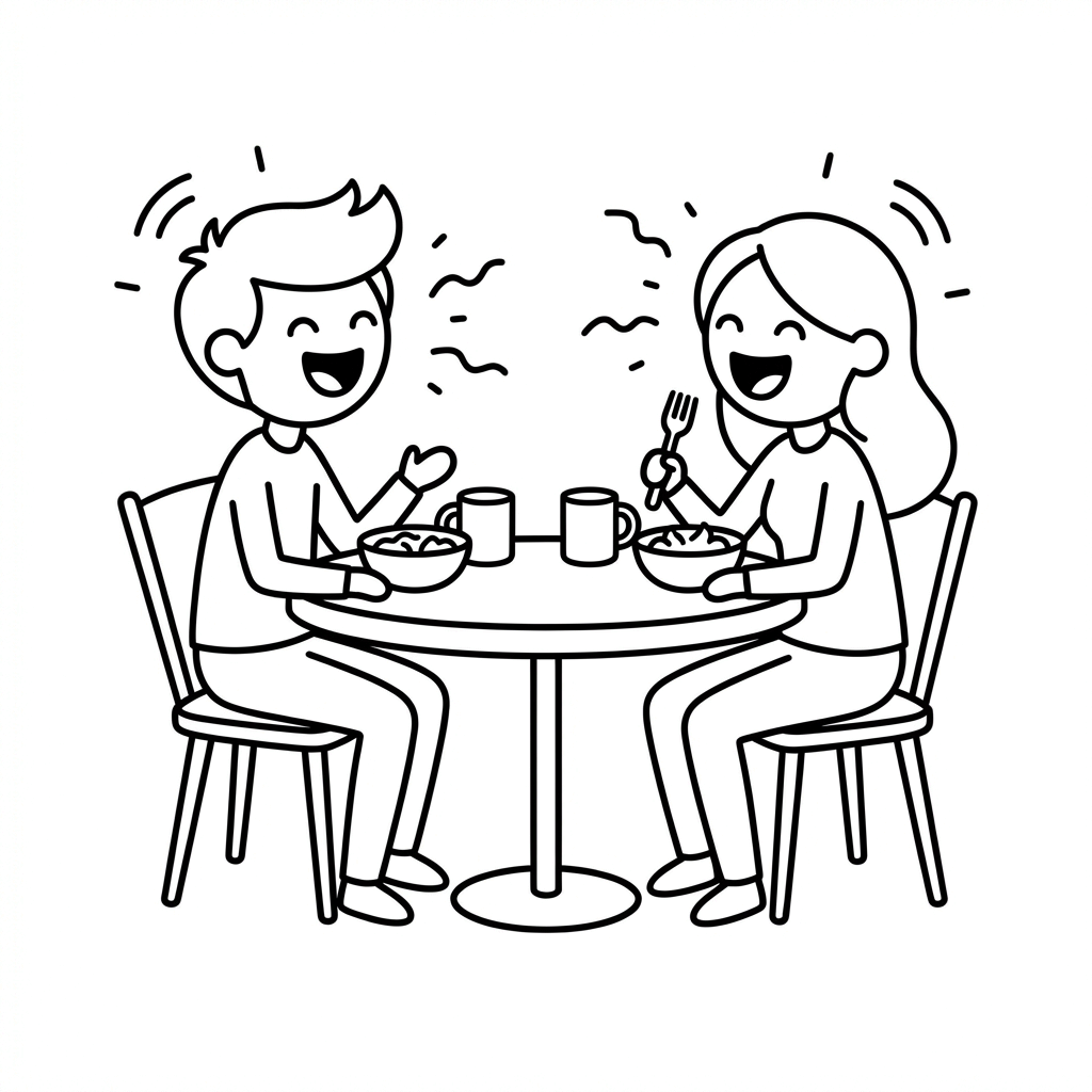 The woman and her friend sitting at a kitchen table, eating and laughing together